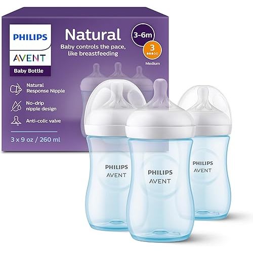 Philips AVENT Natural Baby Bottle with Natural Response Nipple, Blue, 9oz, 3pk, SCY903/23