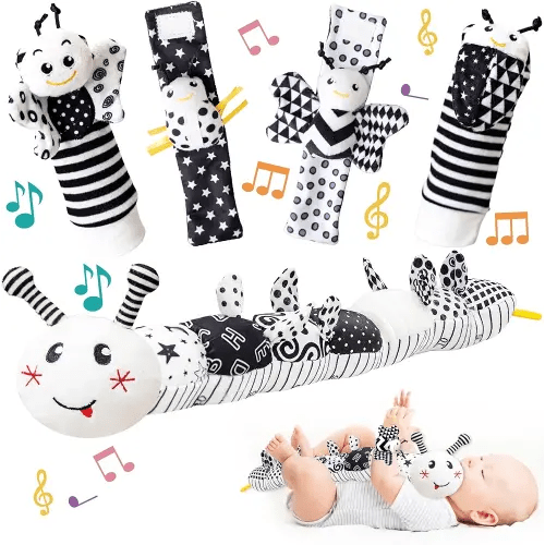 5Pcs Infant Baby Musical Caterpillar Stuffed Animal Toy & Wrist Rattle Sock,Multi-Sensory Textures,Crinkle,with Ruler and Ring Bel,Educational Development Newborn Tummy Time Toys for 0-6 Month Babies