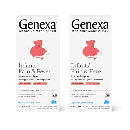 Genexa Infants’ Pain and Fever Reducer | Baby Acetaminophen, Dye Free, Liquid Oral Suspension Medicine for Infant | Delicious Organic Blueberry Flavor | 160 mg per 5mL | 4 Fluid Ounces (2 Pack)