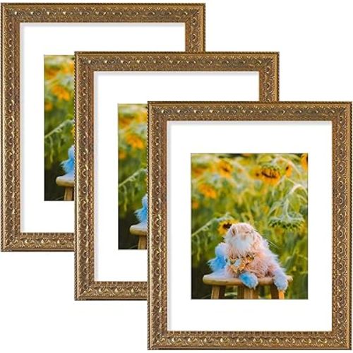 Frametory, Set of 3, 11x14 Ornate Photo Frame with White Color Mat for 8x10 Picture & Real Glass, Bronze