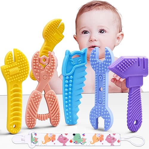 Baby Teething Toys for 0-6 / 6-12 Months - Molar Teether Chew Toys Set BPA Free Silicone, Soft Textures - Hammer Wrench Scissors Shape Gift 5-Pack
