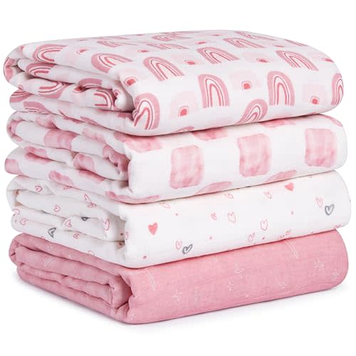 CIVARUA KIDS Muslin Swaddle Blankets for Newborn, 4 Pack Cotton Baby Blanket, Large 31.5 x 43.3 Breathable Soft Receiving Blankets Girl, Essentials Swaddle Wrap Burping Clothes, Pink Rainbow