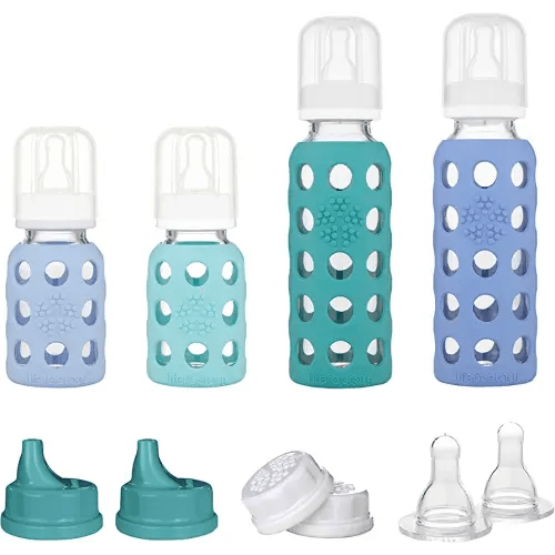 Lifefactory 4 Starter Baby Bottle Set in Mint/Blanket & in Kale/Blueberry Flat & Sippy Caps Stage 2 Nipples 10 Count