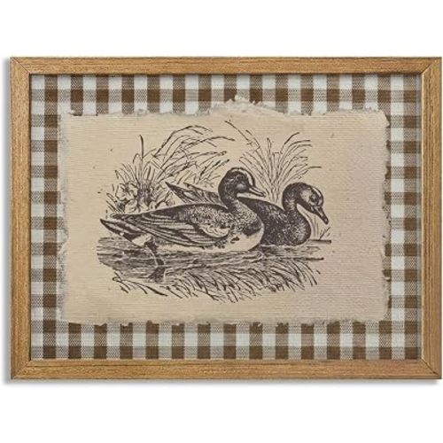 Pveror Vintage Duck Wall Art Farmhouse Country Decor, Rustic Animal Print with Plaid Background, Solid Wood Framed Cottagecore Picture Artwork for Kitchen, Living Room and Bedroom 8x10 Inch