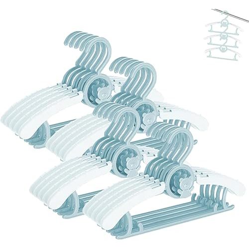 HGYZE Baby Hangers for Closet 20pcs 11-14" Kid Hanger for Nursery, Adjustable Infant Cloth Hanger for 0-18yrs Girl Boy, Plastic Newborn Coat Hanger, Non-Slip Child Pant Rack for Toddler, Blue & White
