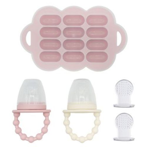 WeeSprout Silicone Baby Food Feeders + Freezer Tray for Batch Prep - Set of 2 (Matte Pink, Off White) + Matte Pink Tray