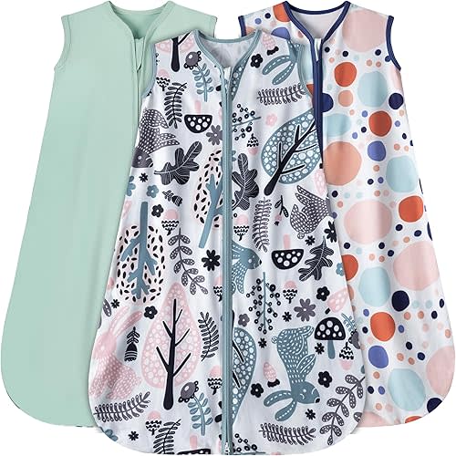 Baby Sleep Sack 6-12 Months 3 Pack Baby Wearable Blanket 100% Rayon Cotton 2-Way Zipper Toddler Sleeping Sack .Comfy Soft Lightweight TOG 0.3 (Rabbit&Rocks&Green,)