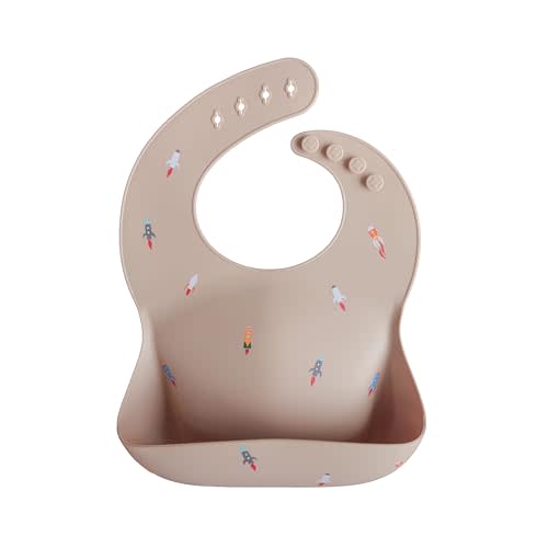 mushie Silicone Baby Bib | Adjustable Fit Waterproof Bibs (Rocket Ship)