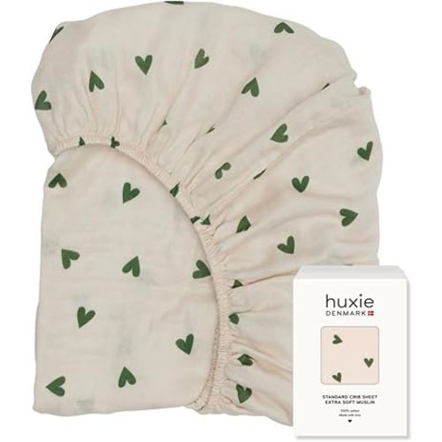 Crib Sheets – Organic Cotton Muslin Fitted Crib Sheet – Standard Size for Baby Boy and Baby Girl 28" x 52" Ultra-Soft and Breathable. (Green Hearts)