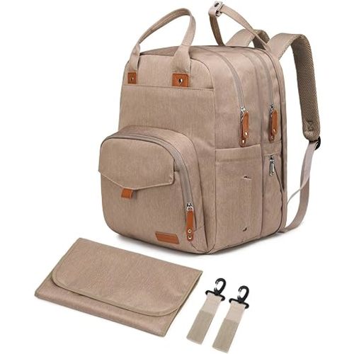 Extra Large Diaper Bag Backpack for Two Kids Twins - Expandable Baby Bag (26-36L), Dual Big Compartments - Includes Changing Pad & Stroller Straps, Unisex Premium Khaki