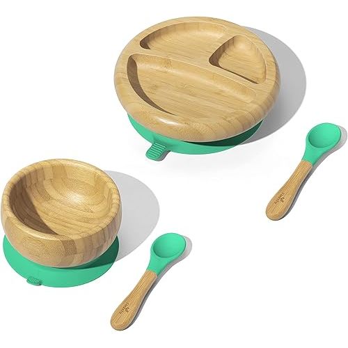 Bamboo Baby Plate & Cutlery Set - BPA Free Kids Bowl (Green Essentials)