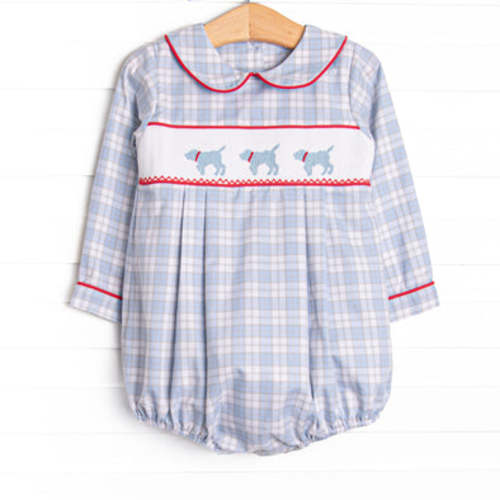 Plaid Pals Smocked Boy Bubble, Blue and Tan Plaid – Stitchy Fish