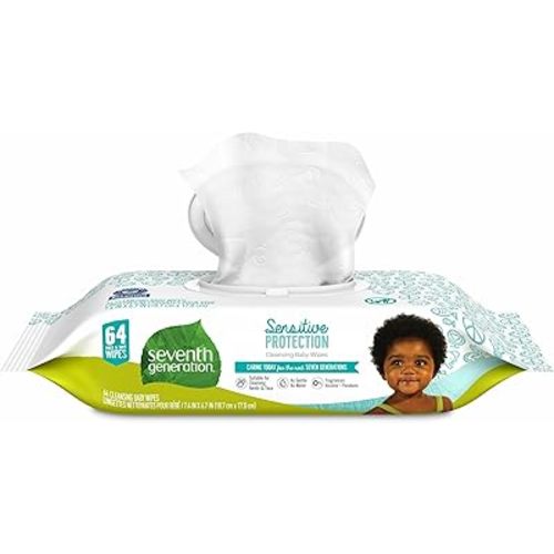 Seventh Generation Free & Clear Baby Wipes with easy open top, 64 count packs (pack of 6) (384 wipes)