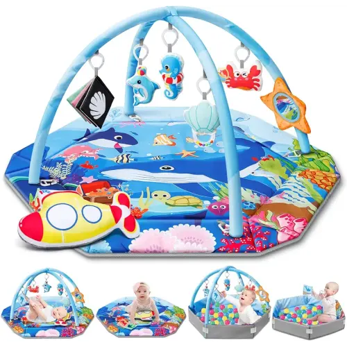 Baby Gym Play Mat, 8-in-1 Ocean Theme Tummy Time Mat & Ball Pit, Washable Baby Activity Play Mat for Visual, Hearing, Sensory, Motor Development, Baby Toys Gift for Toddler Infant 0-3-6-9-12-18 Months
