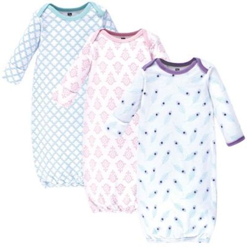 Hudson Baby Infant Girl Cotton Long-sleeve Gowns 3pk, Peacock Feathers, 0-6 Months