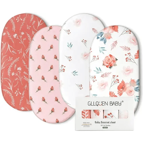 Gllquen Baby Bassinet Sheets 4 Pack, Breathable Cozy Fitted Mattress Sheet, Elastic Travel Crib Fashionable Floral Pattern, Standard Cradle Safe Sheets for Baby Boy Girls 32"X16" (Flower)