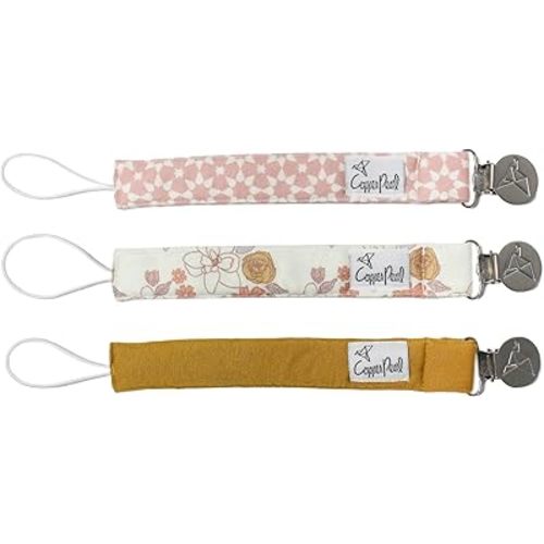 Copper Pearl Pacifier Clip 3-Pack: Premium Knit Binky Clips for Baby Girls and Boys - Stylish Stainless Steel Pacifier Holder Clip - Baby Pacifier Clips for No More Floor Drops - Ferra