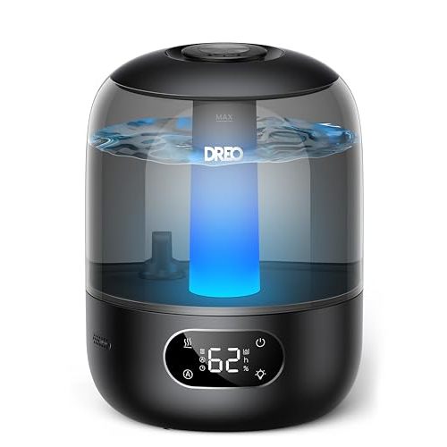 Dreo Humidifiers for Bedroom, 3L Top Fill 30H & 26dB Quiet Runtime for Large Room, Cool Mist Ultrasonic Humidifier with Humidity Sensor, Night Light for Home, Baby, Nursery, Plants, 360° Nozzle, Black