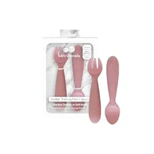 ezpz Mini Utensils - 12 Months+ (Fork & Spoon in Blush) - 100% BPA Free Fork and Spoon - Toddler Utensils - Designed by a Pediatric Feeding Specialist