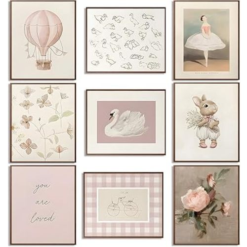 9pcs Nursery Pink Wall Art Baby Girl Canvas Wall Art Vintage Floral Prints Kids Room Wall Decor Flower Poster Antique Pictures Swans Painting for Girls Room Bedroom kindergarten 8x10Inch Unframed