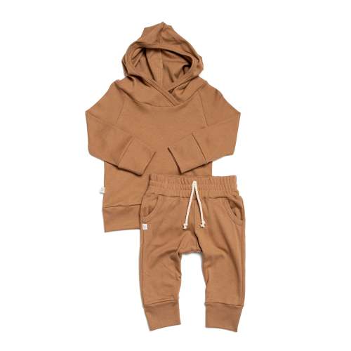 rib knit hoodie set - tan