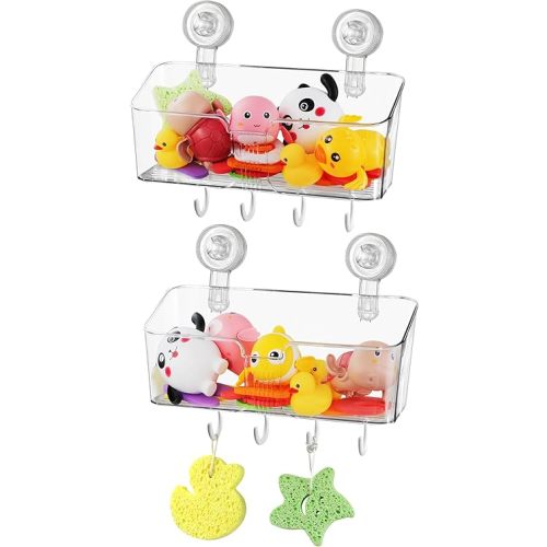 2 Pcs Bath Toy Storage Holder for Bathtub, Large Capacity Clear Bath Toy Organizer Basket with Suction Cup & Hooks, Bathtub Toy Storage Shower Caddy for Bathroom Decor