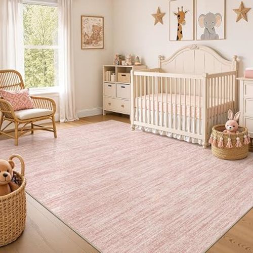 Nakagishi 7X9 Area Rugs Living Room: Washable Large Vintage Rug Neutral Non-Slip Soft Stain Resistant Indoor Carpet for Bedroom Nursery Dining Room Office Playroom - Pink