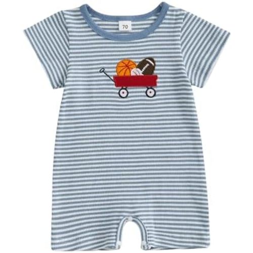 Newborn Boy Football Romper Infant Baby Waffle Knit Summer Clothes Embroidery Excavator Short Sleeve Stripe Jumpsuit