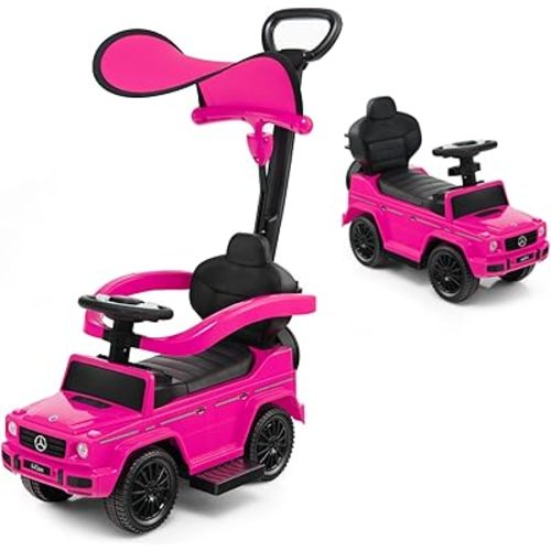 HONEY JOY Push Cars for Toddlers, Mercedes Benz Kids Toy Car w/Push Handle & Detachable Guardrail, Horn & Engine Sound, Seat Storage, Foot-to-Floor Ride On Push Car for Boys Girls(Pink)