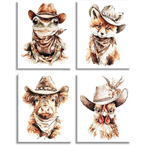 Frimeeme Rustic Cowboy Animals Wall Art Prints, Set of 4 8x10 Inches,Unframed Watercolor Style Artwork for Living Room, Bedroom, Kids Room