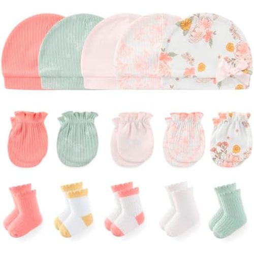 Newborn Baby Boy Girl Caps Mittens Socks Set Cotton Baby Essentials Accessories (Hats+Gloves+Socks)
