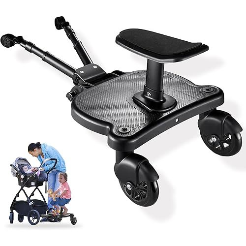 Universal Stroller Board with Detachable Seat - 2 in 1 Sit and Stand Stroller Standing Board for Most Brands of Strollers Holds Children up to 55lbs (Black)