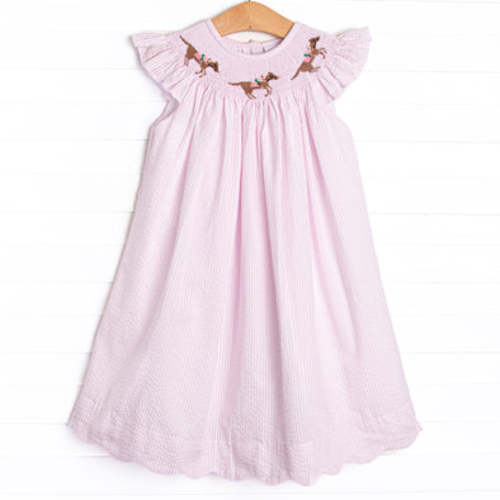 Derby Dash Smocked Bishop Dress, Pink Seersucker – Stitchy Fish