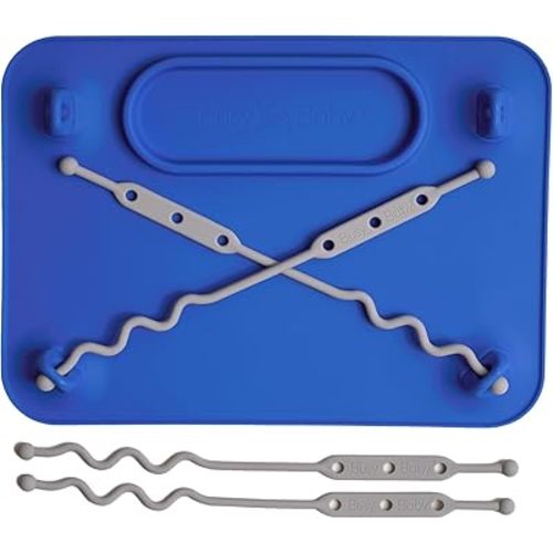 BUSY BABY Silicone Mat - Suction Cups, 4 Straps to Secure Baby Essentials, Self Feeding, Baby Led Weaning, Travel Sleeve Included (Blue)