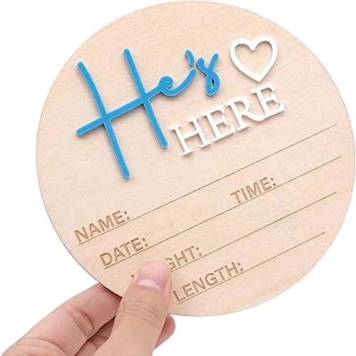 She's Here or He's Here Wooden Sign - Gender Reveal Wooden Sign, Acrylic Gender Announcement, Hospital Birth Announcement Sign, Newborn Photo Shoot Props (He's Here)