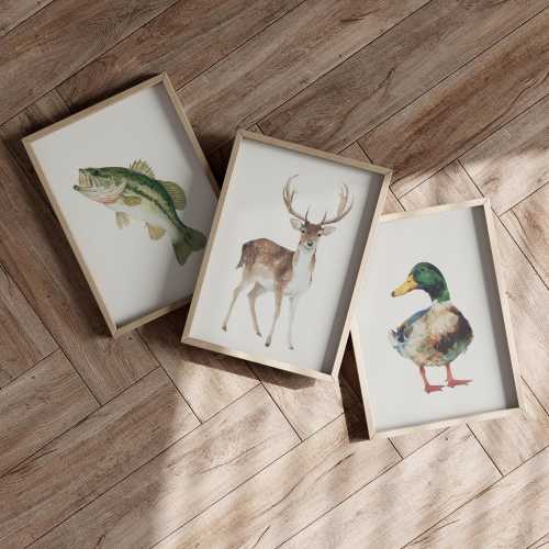Watercolor Hunting and Fishing Art Set of 3 Poster or Canvas Print, Mallard Duck, Fish and Deer Print Set, Outdoor Theme Nursery Wall Decor