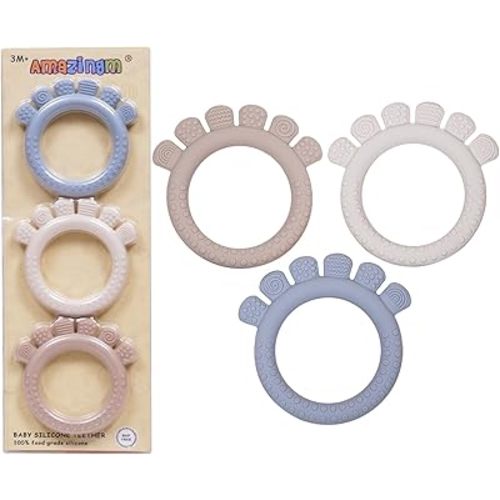 Baby Silicone Teething Ring Toys for 0-6,6-12 Months Boys and Girls,Chew Teether Stuff for Infant,Newborn Must Have Essentials,BPA Free,Soft and Textured. (Gray)