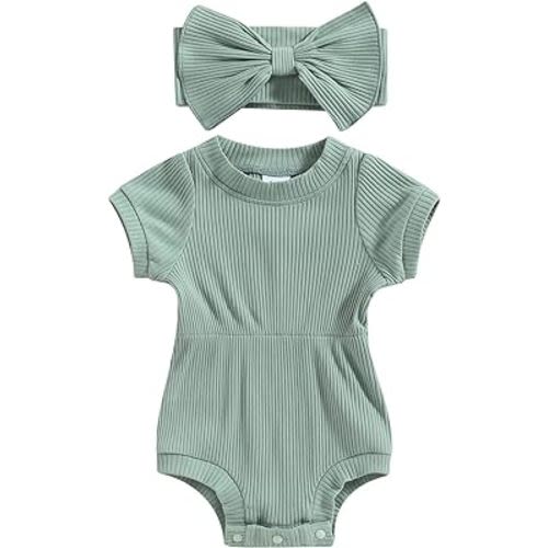 Baby Girls Jumpsuit Set Solid Color Bodysuits Ribbed Short Sleeve Romper Bow Headband Summer Outfits