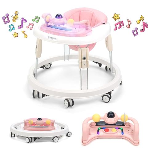 Baby Walker with Wheels,Music and Lights Baby Walker for Boys Girls 6-12 Months,Foldable Baby Walkers and Activity Center,Toddler Infant Walker with 7-Speed Height Adjustment,Detachable Plate,Pink