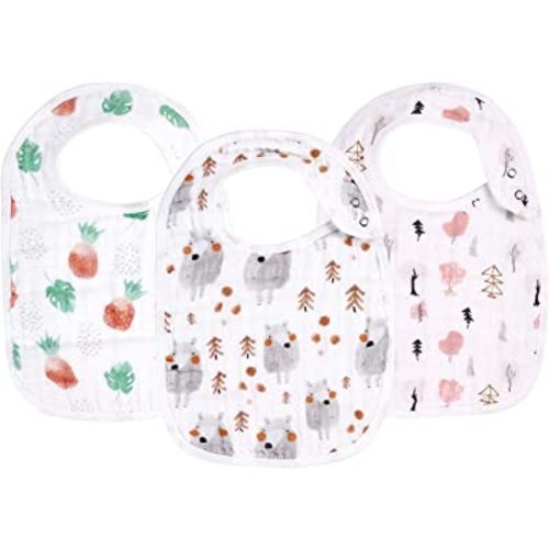 egmao baby Snap Muslin Bibs Made from 100% Cotton (3 Pack), 3 Absorbent & Soft Layers, Bibs for Infants, Newborns and Toddlers, Adjustable, Machine Washable, “Pineapple,Sheep,Tree”