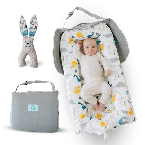 Novista - Baby Lounger for Newborn, 2in1 Diapers Bag and Baby Nest, Carry Your Essentials, 0-12 Months, Co Sleeping, Baby Floor Seat, Waterproof (Dinosaur)