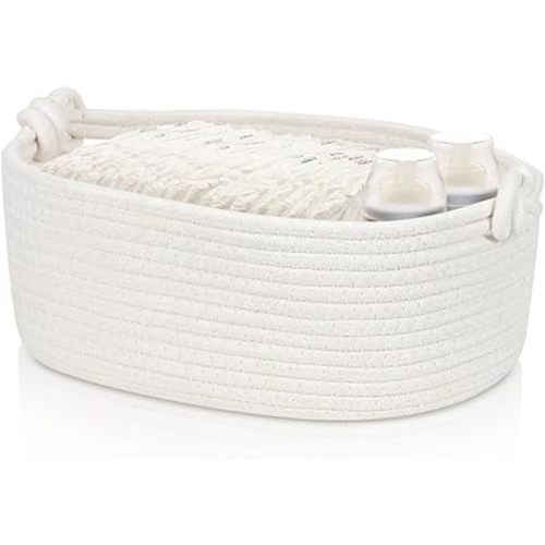 Small Rope Basket for Organizing, Gifting - Decorative Basket for Gifts Empty - Cute Woven Gift Basket - Dog Cat Toy Box - Toy Organizer Basket Baby Nursery Bin - White Storage Basket with Handle