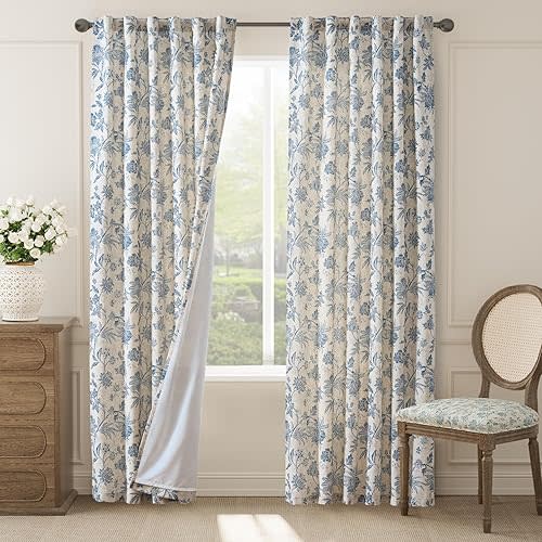 jinchan Lined Linen Floral Curtains for Living Room, 84 Inch Length Printed Flower Farmhouse Patterned French Country Back Tab Blue Window Drapes Set Privacy Bedroom Curtains, 2 Panels