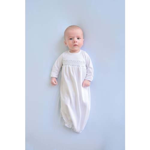 Sweetly Smocked Greeting Gown - Worth Avenue White with Buckhead Blue