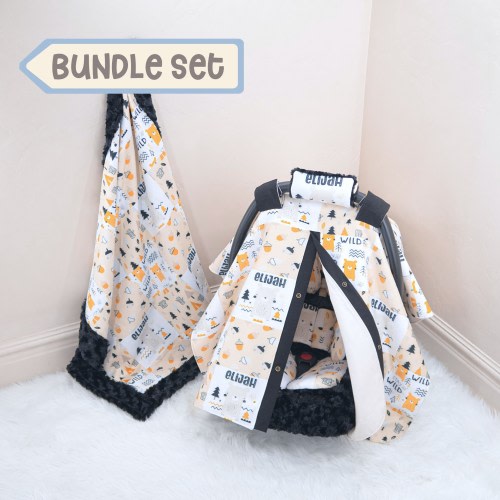 Stay Wild Woodland Baby Boy Car Seat Accessories Bundle Set - Personalized Printed Name - Baby Blanket - Infant Car Seat Insert Cushions