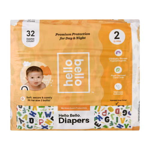 Hello Bello Premium Baby Diapers, Alphabet Soup Designs, Infant Size 2, 32 Count