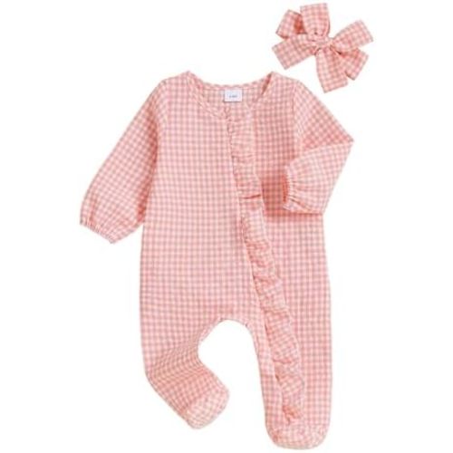 Newborn Baby Girl Outfits Bow/Plaid Print Footed Jumpsuit Ruffle Zipper Romper Cute Fall Baby Coming Home Outfit