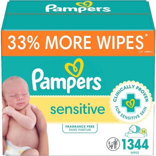 Pampers Sensitive Baby Wipes, Water Based, Hypoallergenic and Unscented, 16 Flip-Top Packs (1344 Wipes Total)