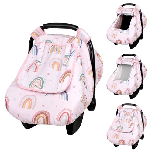 CARUILI Car Seat Cover Baby Girl Boy, Warm Winter Carseat Cover for Baby, Kick-Proof Infant Car Seat Cover with Peep Window, Windproof & Cozy, Pink Rainbow