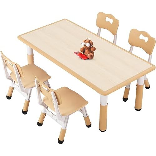 FUNLIO Kids Table and 4 Chairs Set for Ages 3-8, Height Adjustable Toddler Table and Chair Set, Easy to Wipe Arts & Crafts Table, for Classrooms/Daycares/Homes, CPC & CE Approved (5 pcs Set) - Natural